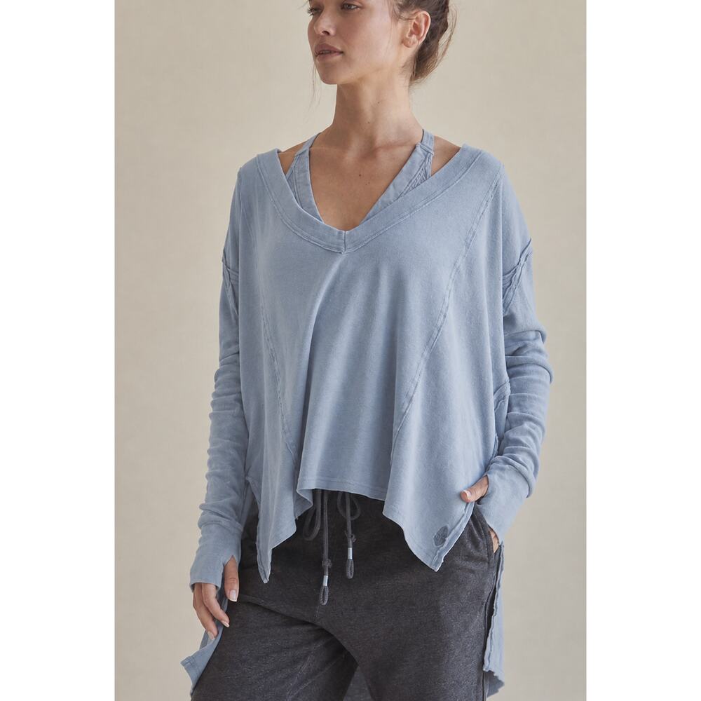 FP Movement Free People High Low Long Sleeve Tee Blue Small Thumbhole V Neck